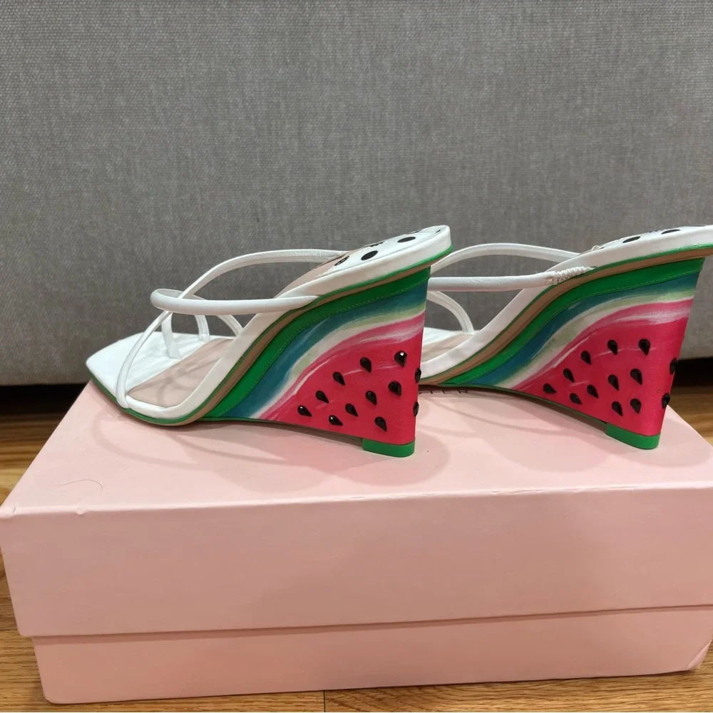 Sophia Webster White Leather Strappy Wedges with Playful Fruit-Print Heel